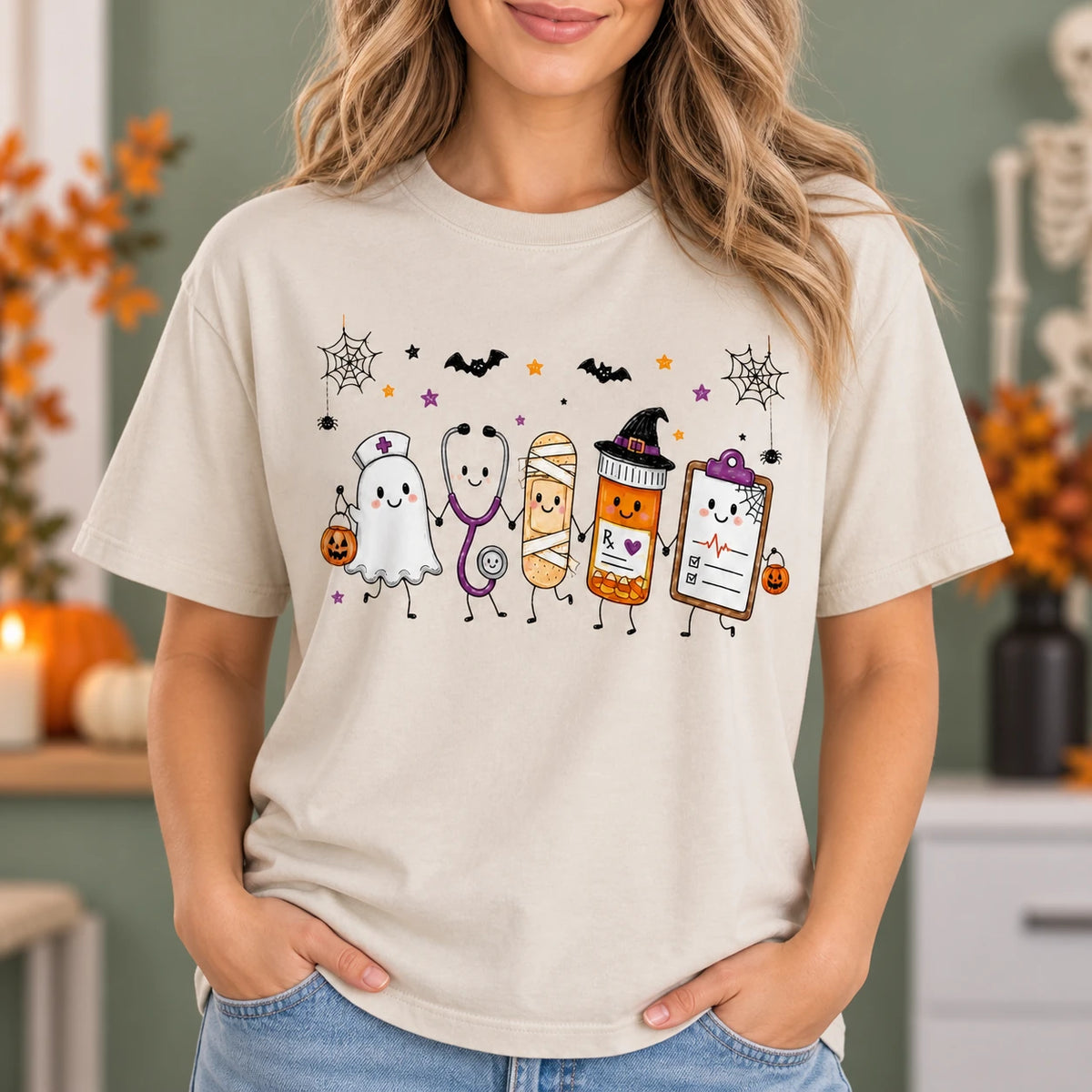 Women's Halloween Nurse Graphic T-Shirt Cute Ghost & Medical Squad Short-Sleeve Cotton Crewneck Top