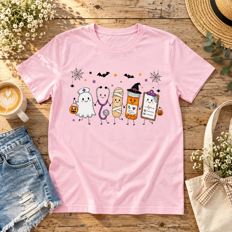 Women's Halloween Nurse Graphic T-Shirt Cute Ghost & Medical Squad Short-Sleeve Cotton Crewneck Top