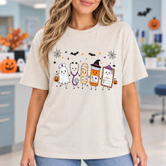 Women's Halloween Nurse Graphic T-Shirt Cute Ghost & Medical Squad Short-Sleeve Cotton Crewneck Top