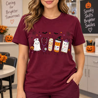 Women's Halloween Nurse Graphic T-Shirt Cute Ghost & Medical Squad Short-Sleeve Cotton Crewneck Top