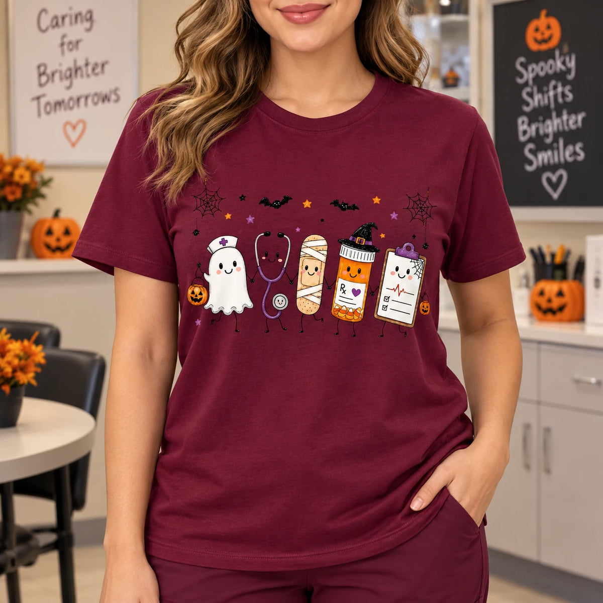 Women's Halloween Nurse Graphic T-Shirt Cute Ghost & Medical Squad Short-Sleeve Cotton Crewneck Top