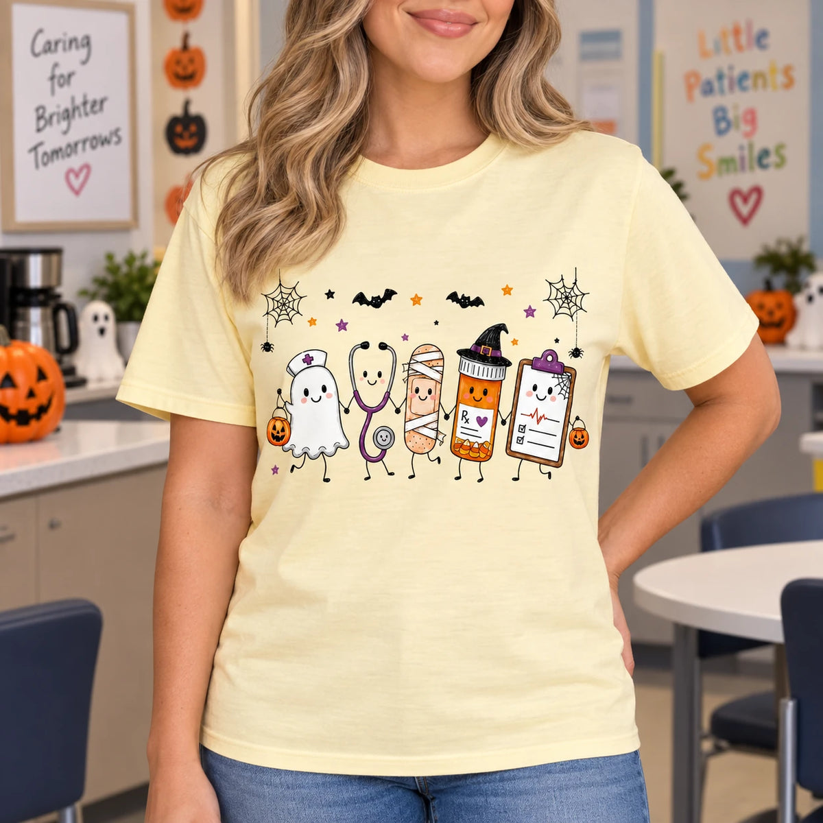 Women's Halloween Nurse Graphic T-Shirt Cute Ghost & Medical Squad Short-Sleeve Cotton Crewneck Top