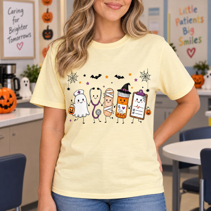 Women's Halloween Nurse Graphic T-Shirt Cute Ghost & Medical Squad Short-Sleeve Cotton Crewneck Top