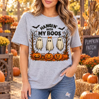 Women's Hangin With My Boos Halloween T-Shirt Cute Ghost & Pumpkin Graphic Tee Spooky Season Casual Top