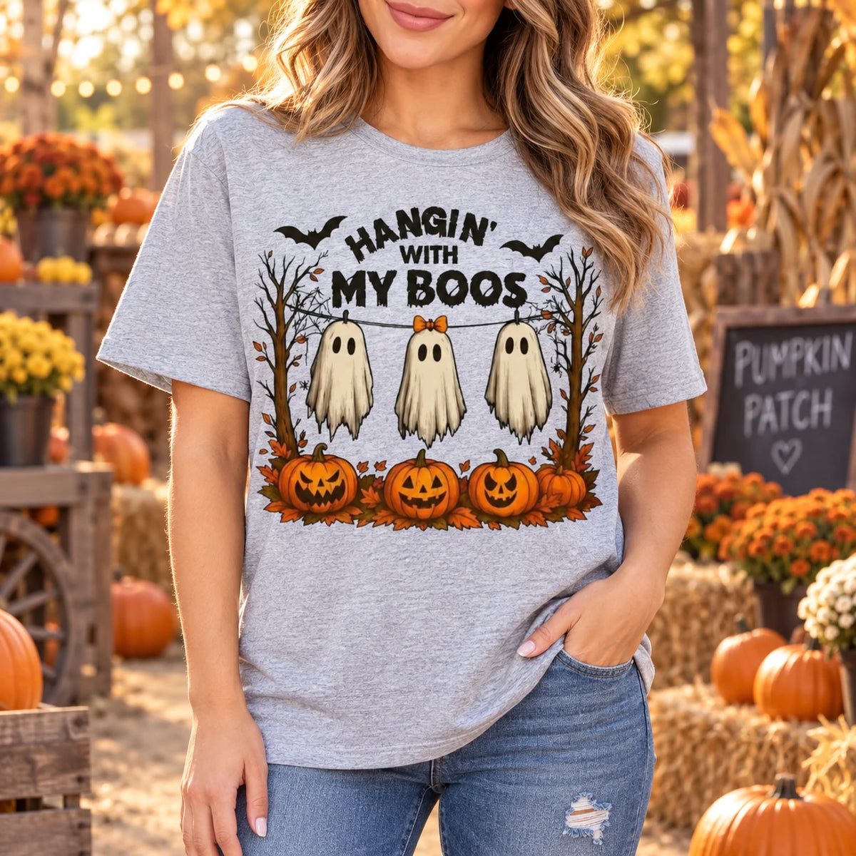 Women's Hangin With My Boos Halloween T-Shirt Cute Ghost & Pumpkin Graphic Tee Spooky Season Casual Top