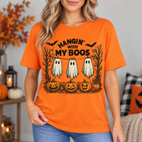 Women's Hangin With My Boos Halloween T-Shirt Cute Ghost & Pumpkin Graphic Tee Spooky Season Casual Top