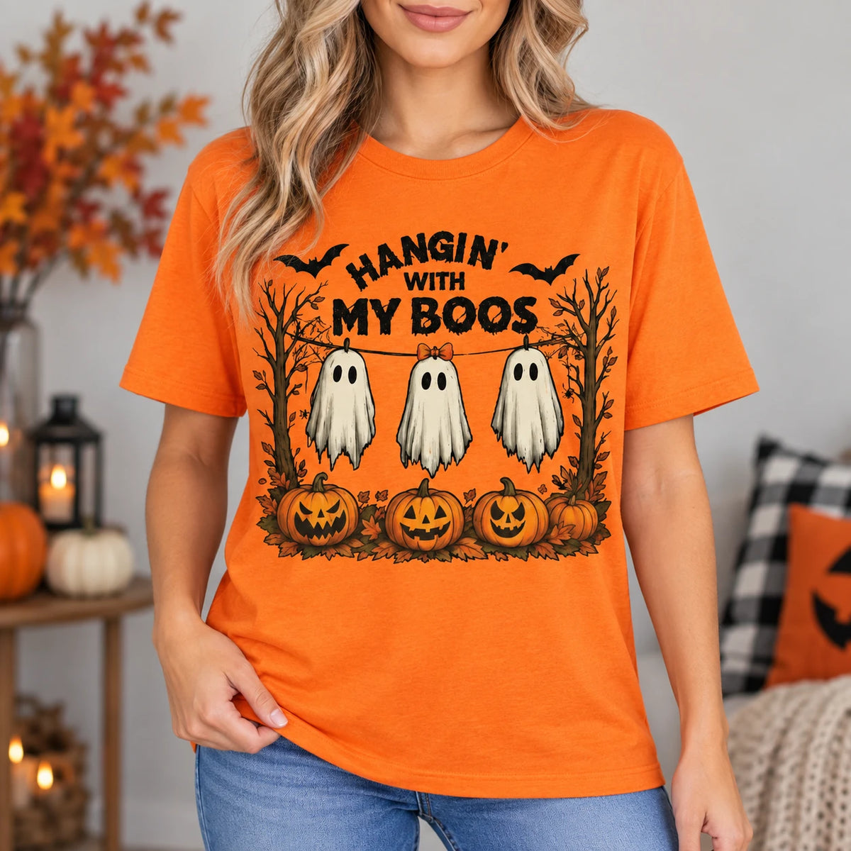 Women's Hangin With My Boos Halloween T-Shirt Cute Ghost & Pumpkin Graphic Tee Spooky Season Casual Top