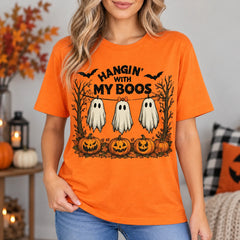 Women's Hangin With My Boos Halloween T-Shirt Cute Ghost & Pumpkin Graphic Tee Spooky Season Casual Top