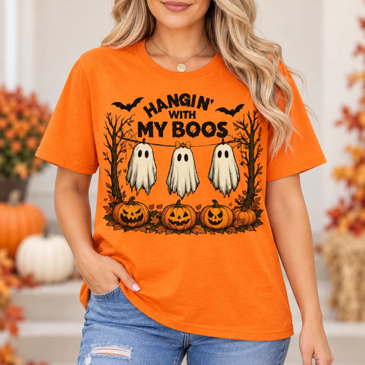 Women's Hangin With My Boos Halloween T-Shirt Cute Ghost & Pumpkin Graphic Tee Spooky Season Casual Top