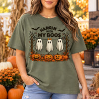 Women's Hangin With My Boos Halloween T-Shirt Cute Ghost & Pumpkin Graphic Tee Spooky Season Casual Top