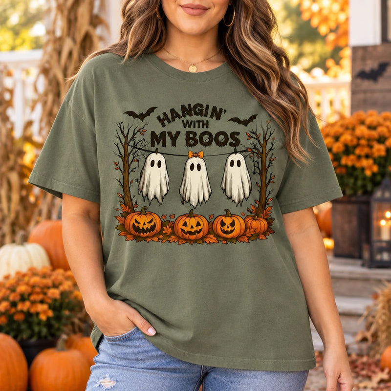 Women's Hangin With My Boos Halloween T-Shirt Cute Ghost & Pumpkin Graphic Tee Spooky Season Casual Top
