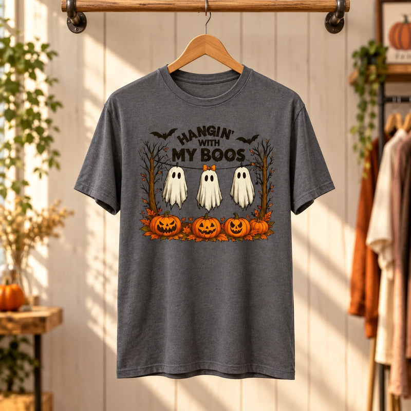 Women's Hangin With My Boos Halloween T-Shirt Cute Ghost & Pumpkin Graphic Tee Spooky Season Casual Top