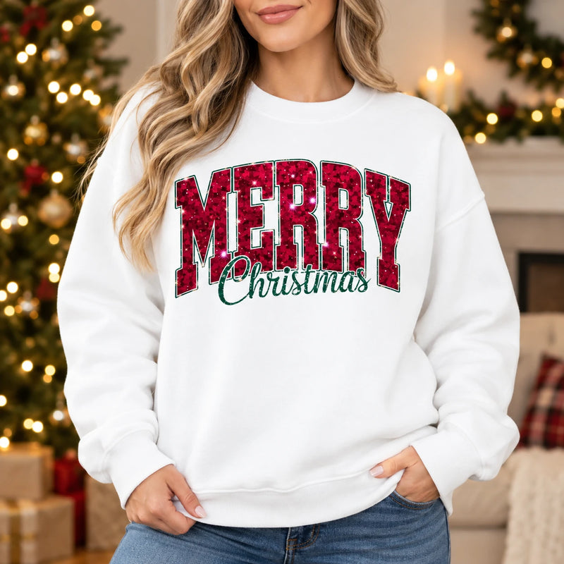 Women's Merry Christmas Sweatshirt Cute Glitter Graphic Crewneck Pullover Festive Holiday Casual Top