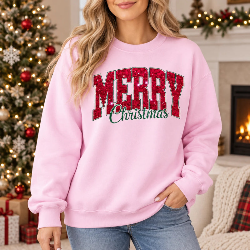 Women's Merry Christmas Sweatshirt Cute Glitter Graphic Crewneck Pullover Festive Holiday Casual Top