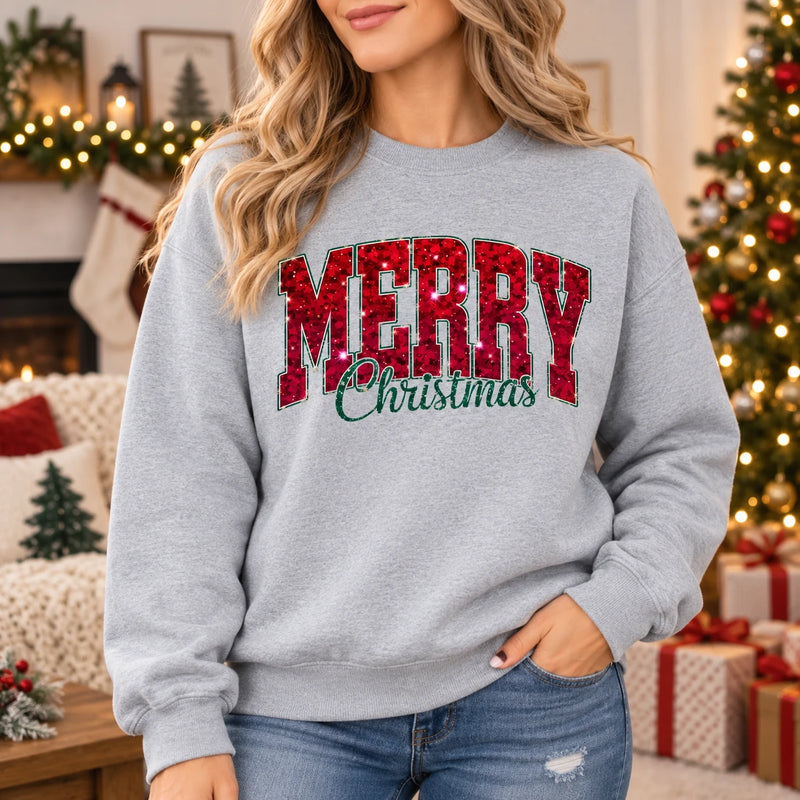 Women's Merry Christmas Sweatshirt Cute Glitter Graphic Crewneck Pullover Festive Holiday Casual Top