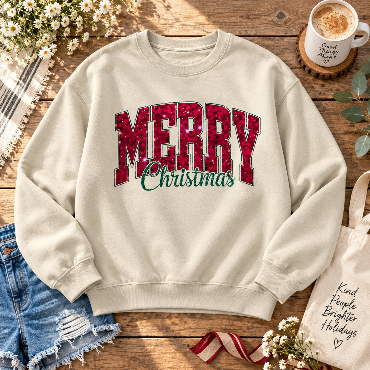 Women's Merry Christmas Sweatshirt Cute Glitter Graphic Crewneck Pullover Festive Holiday Casual Top