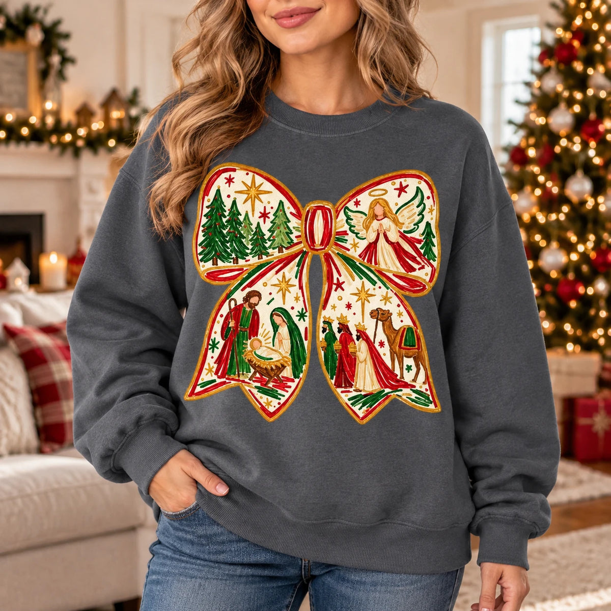 Women's Nativity Christmas Bow Sweatshirt with Jesus Birth Scene and Hand-Painted Holiday Style