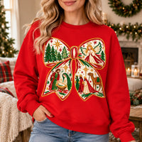 Women's Nativity Christmas Bow Sweatshirt with Jesus Birth Scene and Hand-Painted Holiday Style
