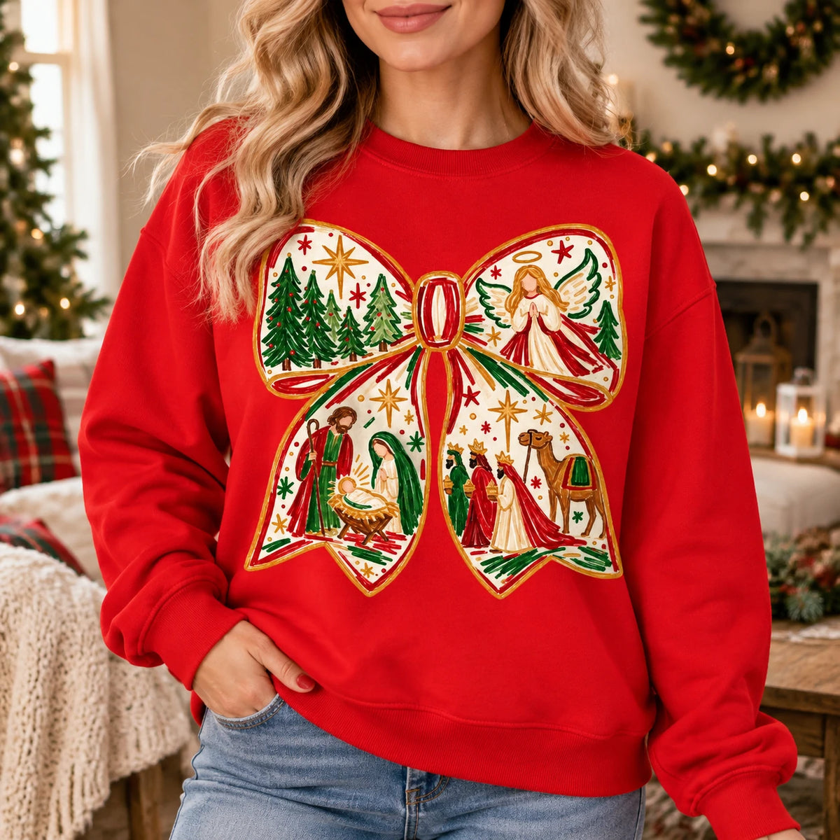 Women's Nativity Christmas Bow Sweatshirt with Jesus Birth Scene and Hand-Painted Holiday Style