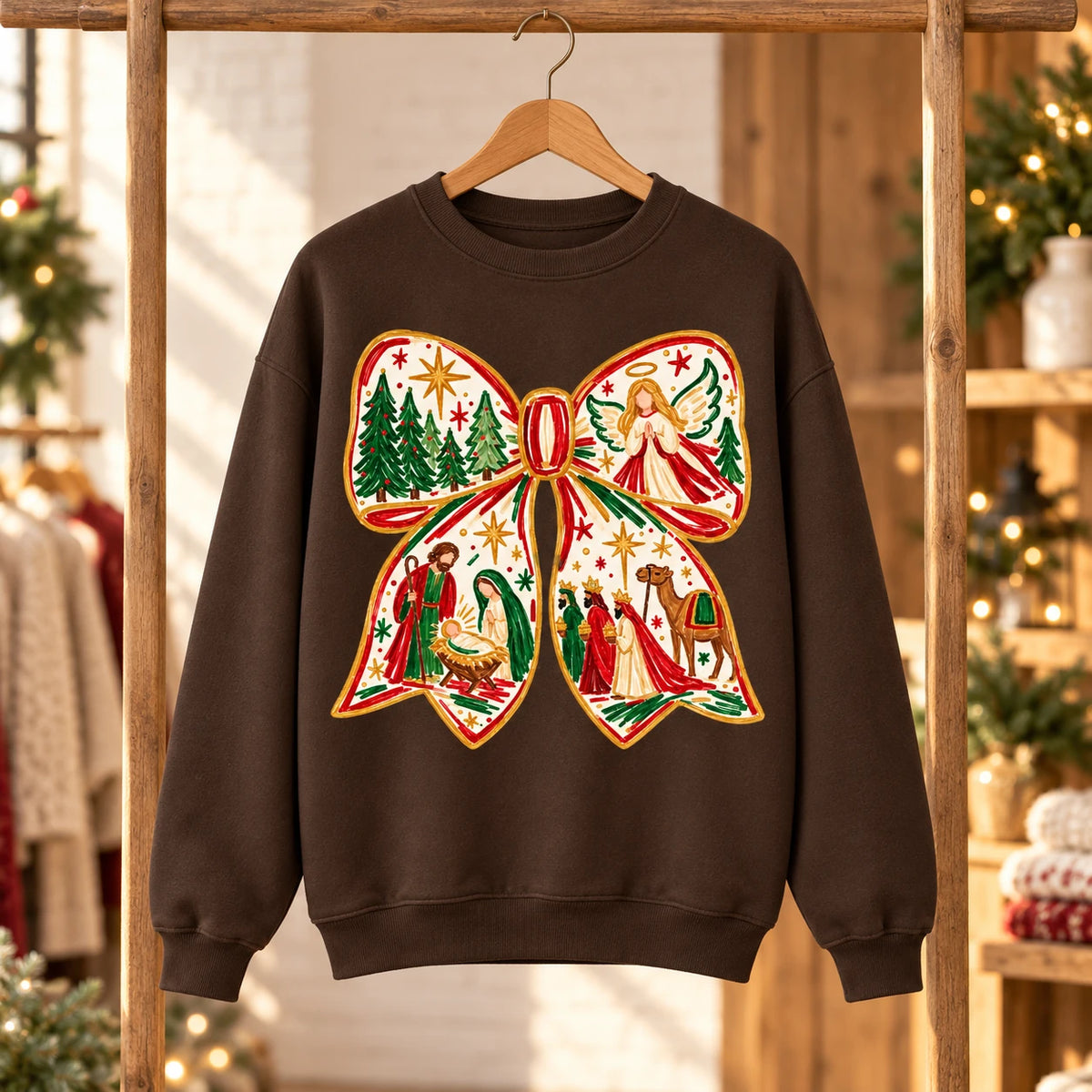 Women's Nativity Christmas Bow Sweatshirt with Jesus Birth Scene and Hand-Painted Holiday Style