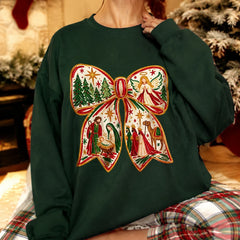 Women's Nativity Christmas Bow Sweatshirt with Jesus Birth Scene and Hand-Painted Holiday Style