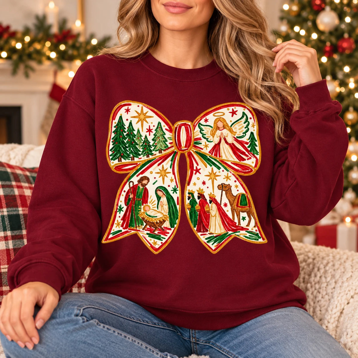 Women's Nativity Christmas Bow Sweatshirt with Jesus Birth Scene and Hand-Painted Holiday Style