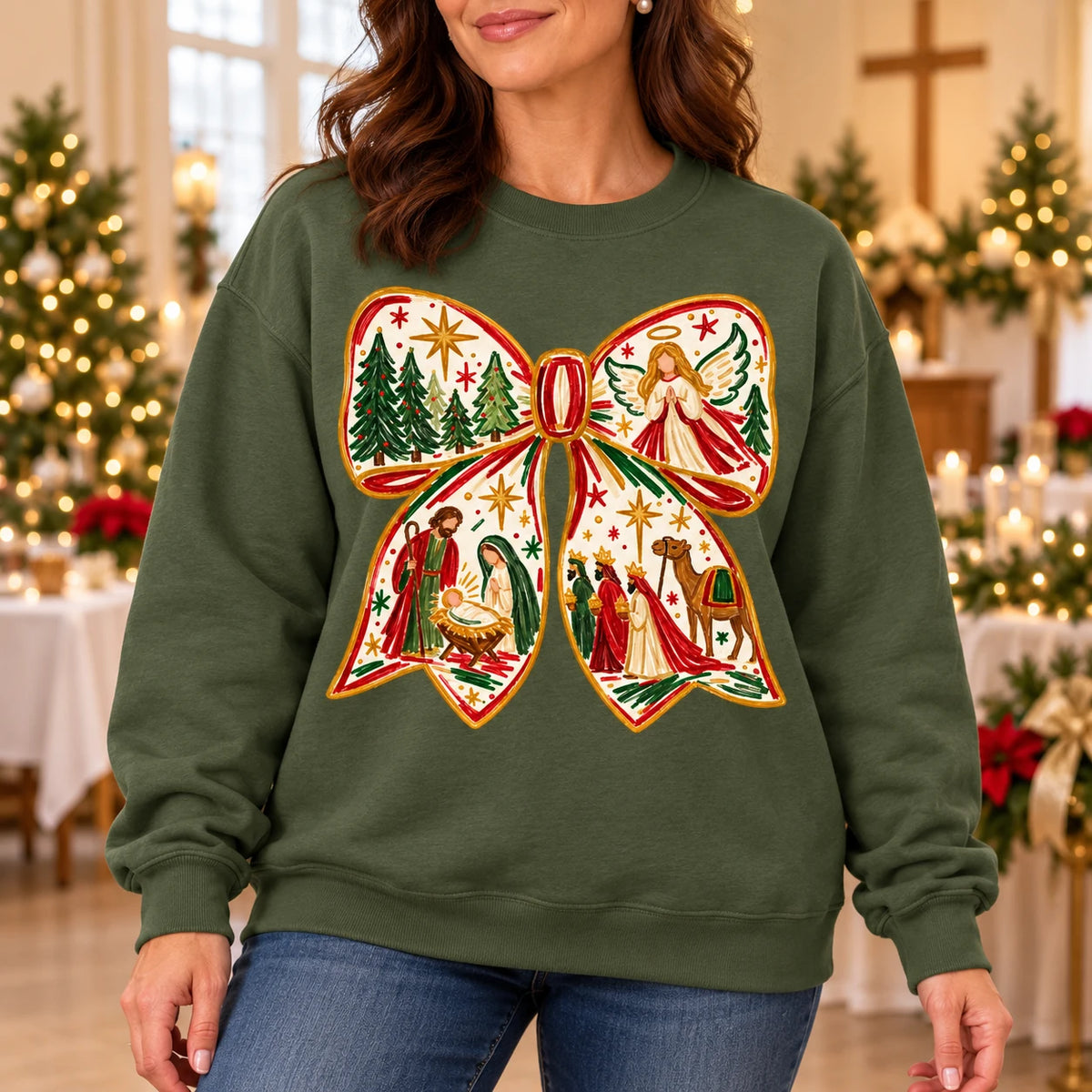 Women's Nativity Christmas Bow Sweatshirt with Jesus Birth Scene and Hand-Painted Holiday Style