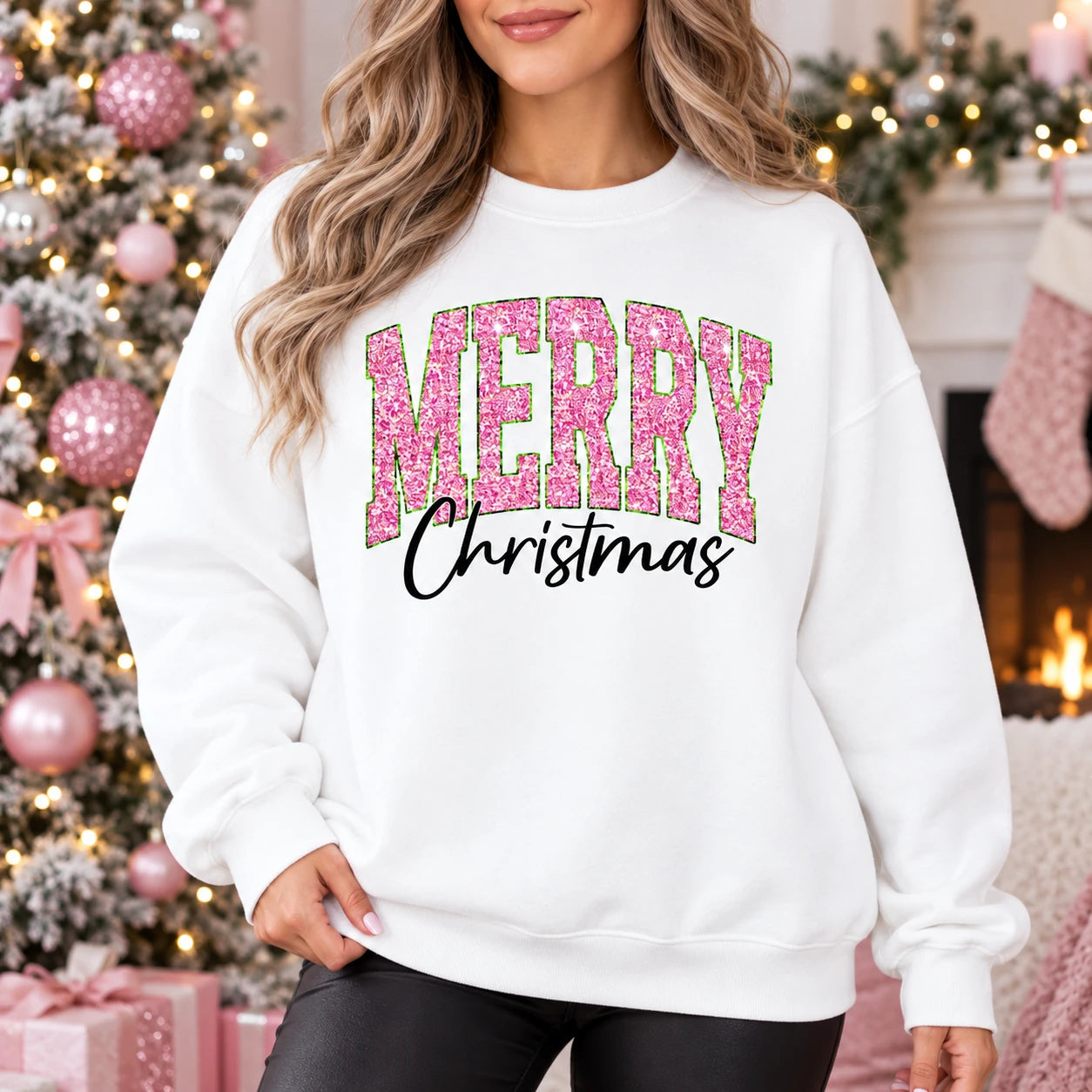 Women's Pink Glitter Merry Christmas Sweatshirt Cute Varsity Holiday Pullover
