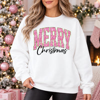Women's Pink Glitter Merry Christmas Sweatshirt Cute Varsity Holiday Pullover