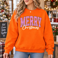 Women's Pink Glitter Merry Christmas Sweatshirt Cute Varsity Holiday Pullover