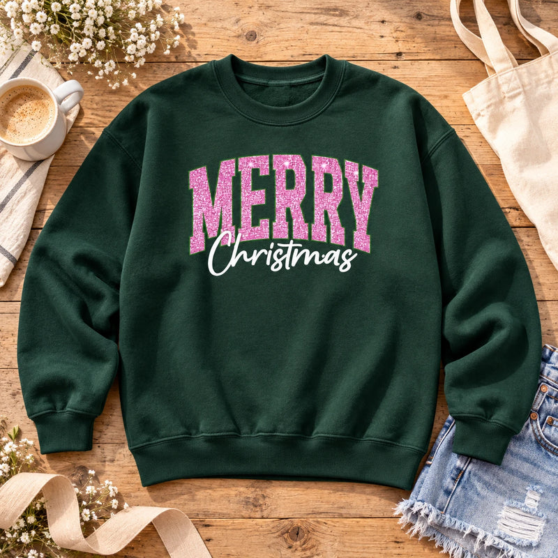 Women's Pink Glitter Merry Christmas Sweatshirt Cute Varsity Holiday Pullover