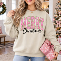 Women's Pink Glitter Merry Christmas Sweatshirt Cute Varsity Holiday Pullover