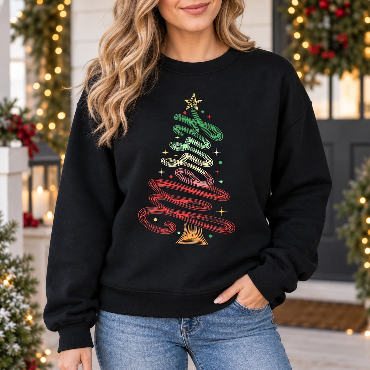 Women's Retro Ribbon Christmas Tree Sweatshirt, Colorful Minimal Holiday Graphic
