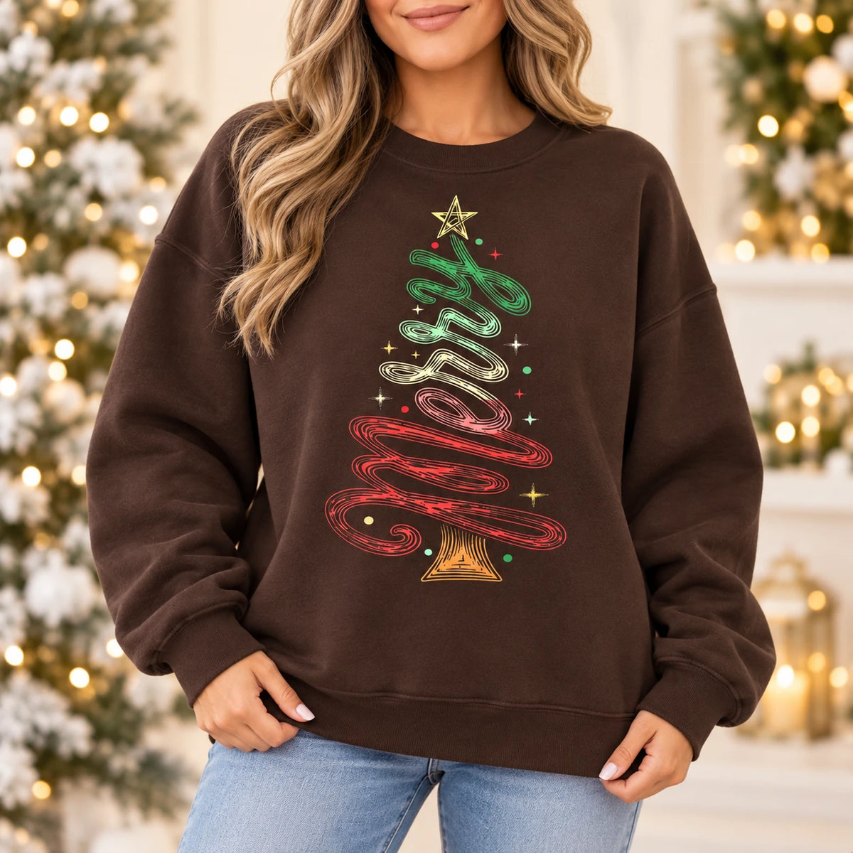 Women's Retro Ribbon Christmas Tree Sweatshirt, Colorful Minimal Holiday Graphic