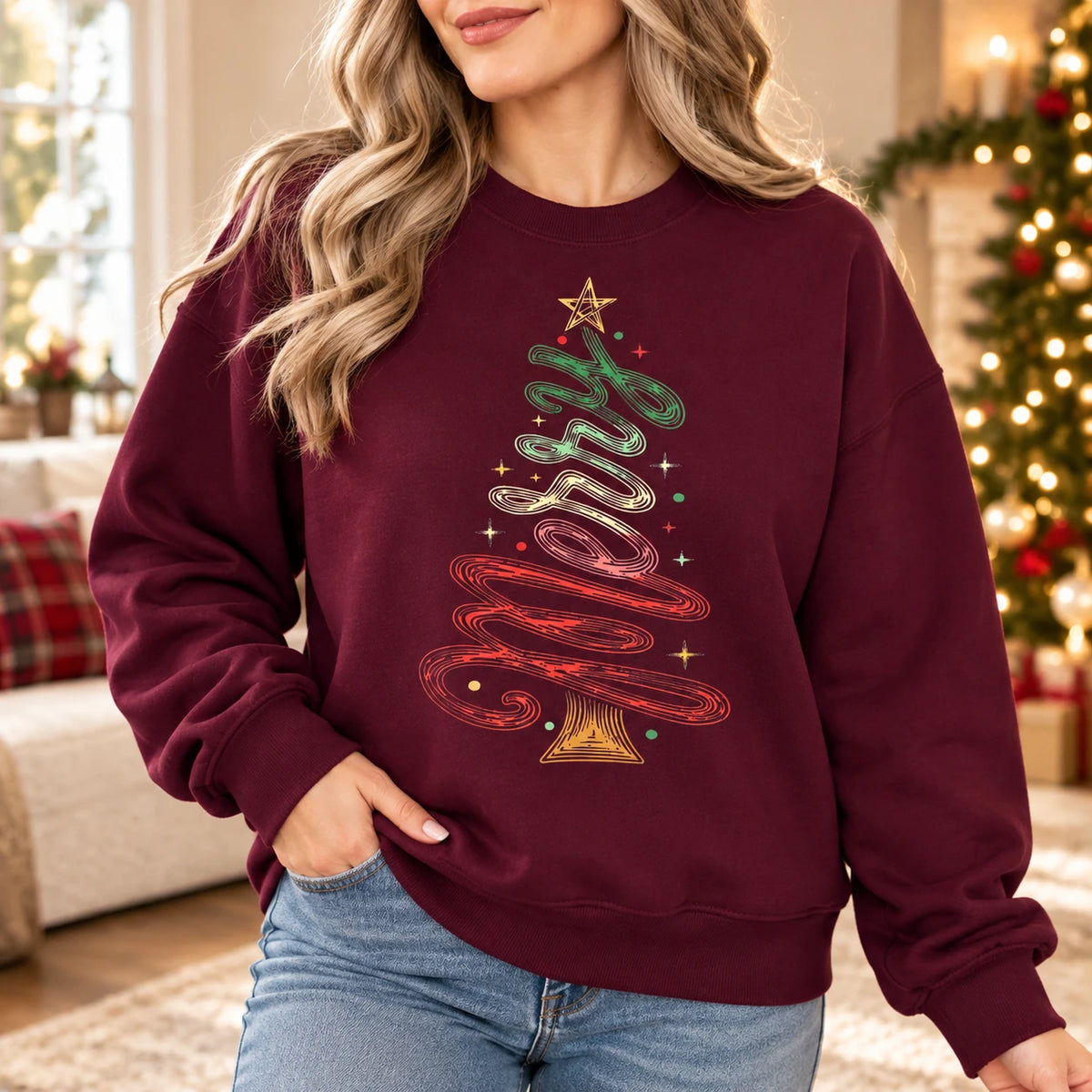 Women's Retro Ribbon Christmas Tree Sweatshirt, Colorful Minimal Holiday Graphic