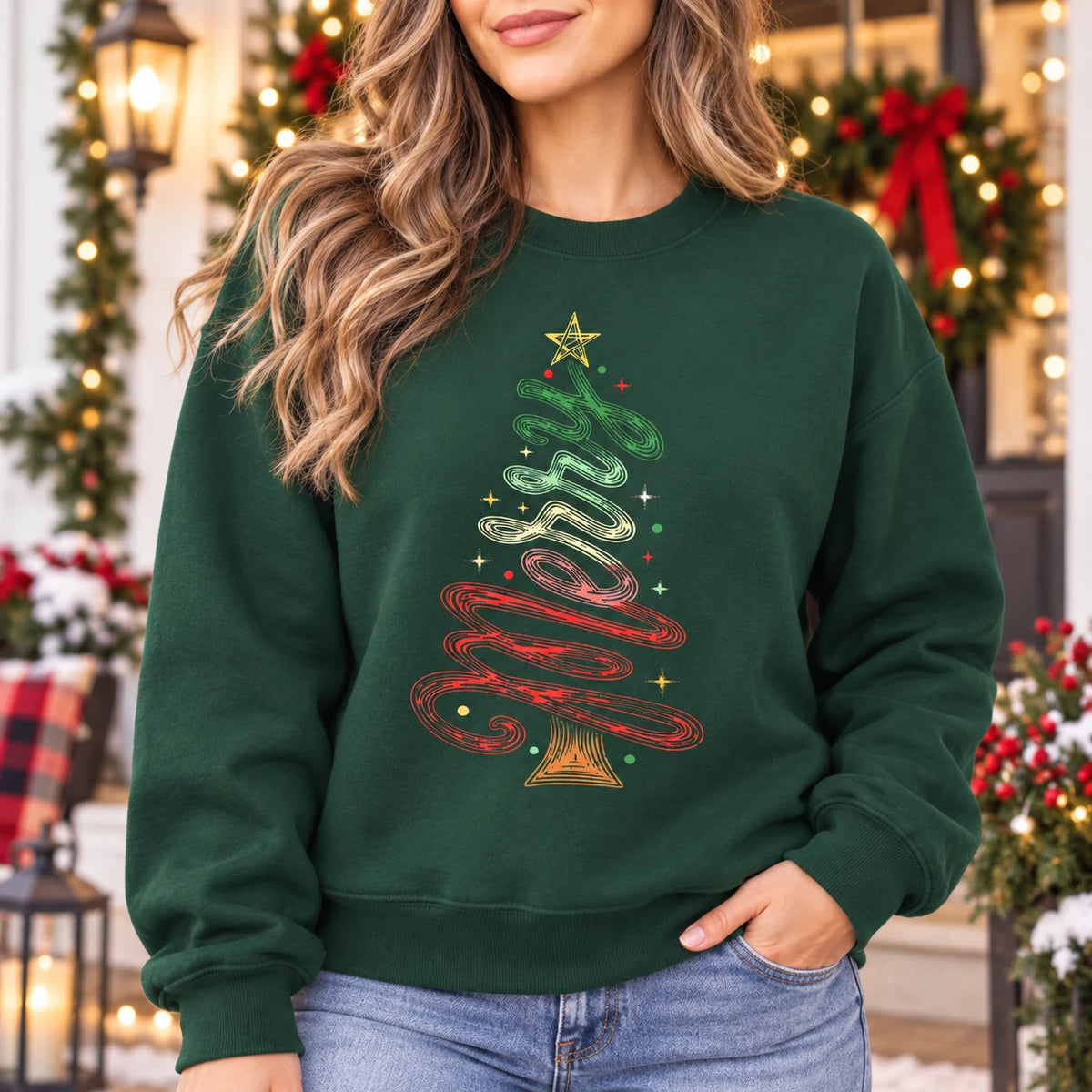 Women's Retro Ribbon Christmas Tree Sweatshirt, Colorful Minimal Holiday Graphic