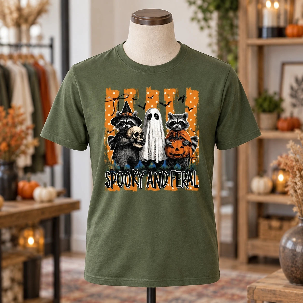 Women's Spooky Feral Raccoon Graphic T-Shirt Vintage Halloween Fall Animal Lover Tee