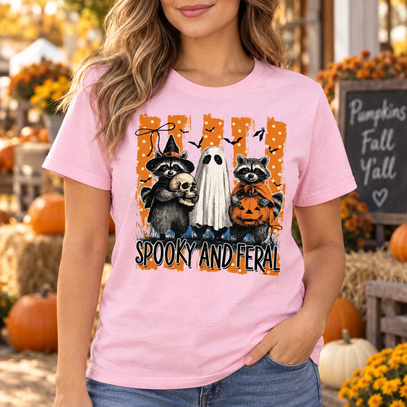 Women's Spooky Feral Raccoon Graphic T-Shirt Vintage Halloween Fall Animal Lover Tee