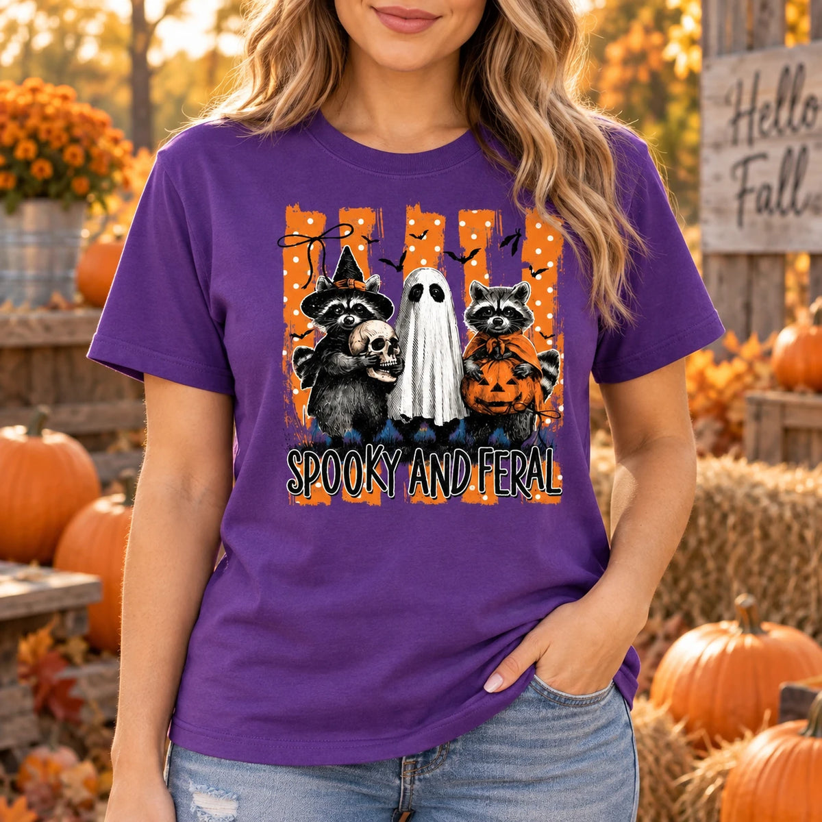 Women's Spooky Feral Raccoon Graphic T-Shirt Vintage Halloween Fall Animal Lover Tee