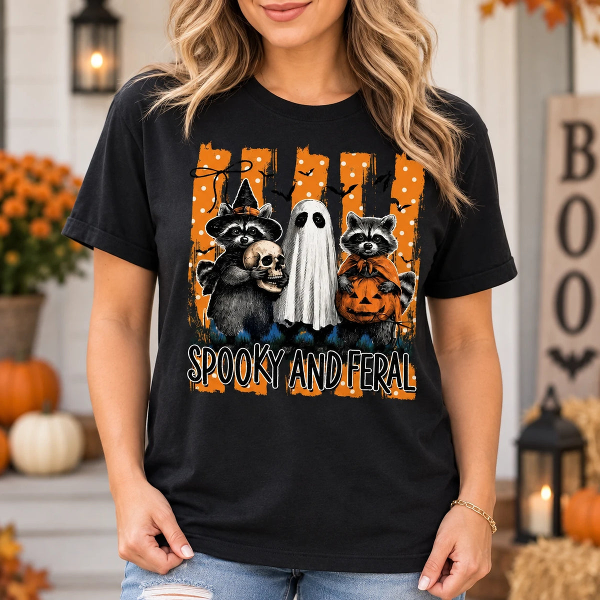 Women's Spooky Feral Raccoon Graphic T-Shirt Vintage Halloween Fall Animal Lover Tee