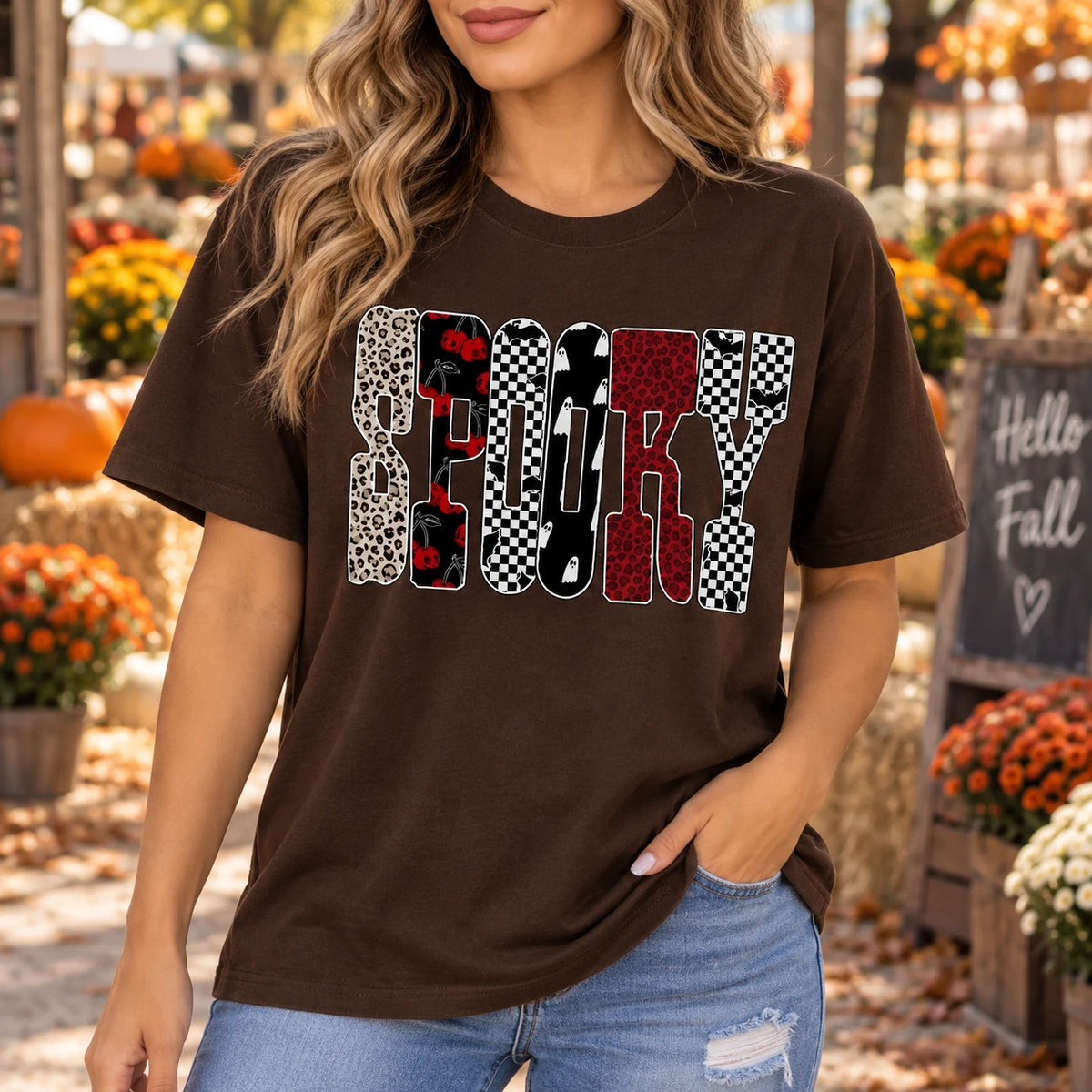 Women's Spooky Halloween Graphic T-Shirt Cute Retro Mixed Print Fall Tee