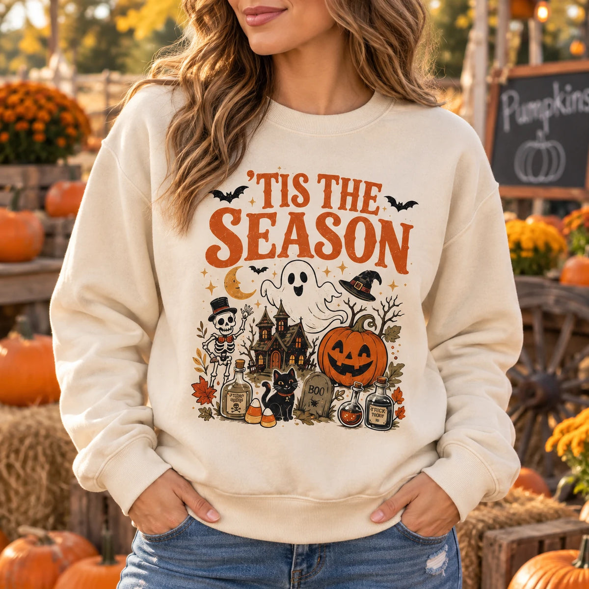 Women's Spooky Season Graphic Sweatshirt Vintage Witchy Halloween Cotton - Regular Fit Casual Streetwear