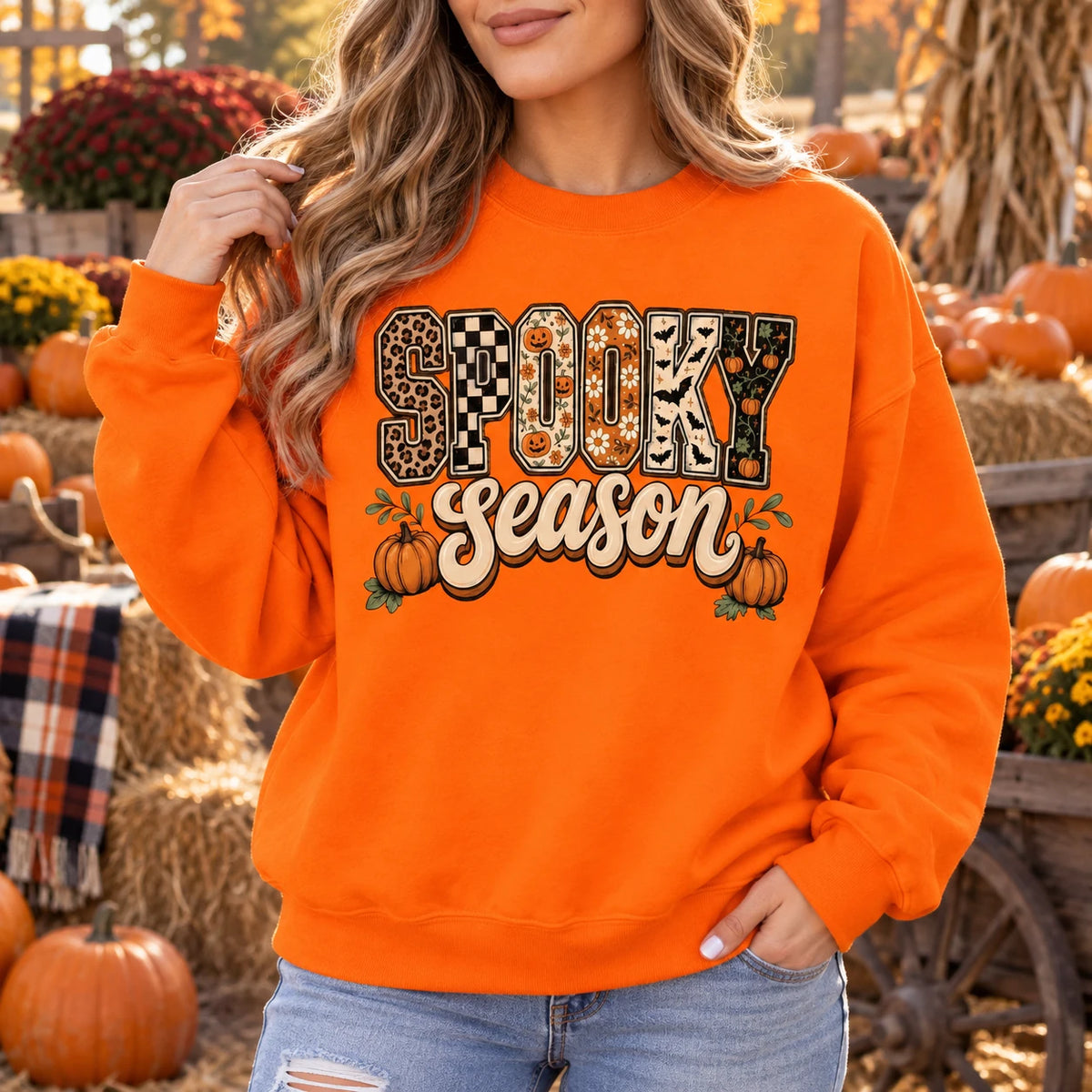 Women's Spooky Season Halloween Graphic Sweatshirt & Tee, Retro Leopard Checker Pumpkin Fall Top