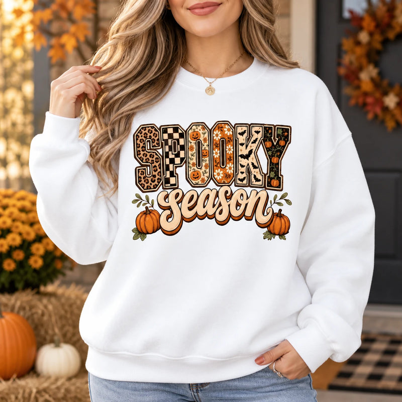Women's Spooky Season Halloween Graphic Sweatshirt & Tee, Retro Leopard Checker Pumpkin Fall Top