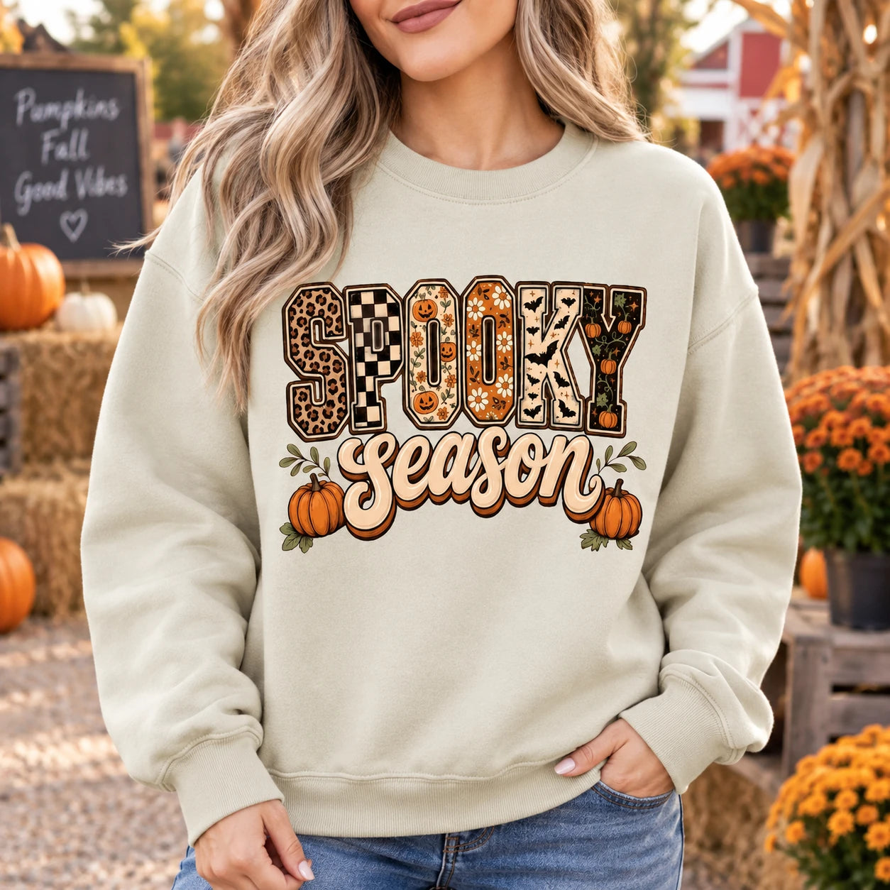 Women's Spooky Season Halloween Graphic Sweatshirt & Tee, Retro Leopard Checker Pumpkin Fall Top