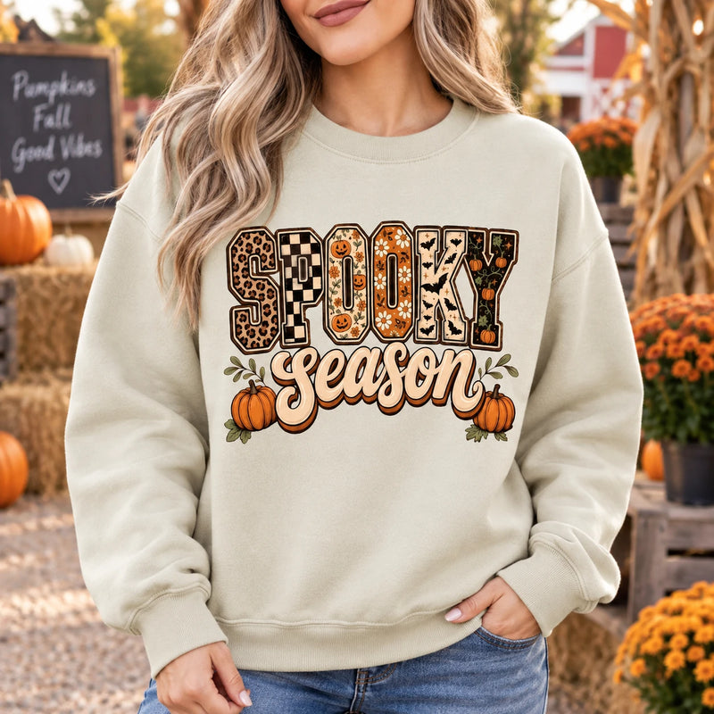 Women's Spooky Season Halloween Graphic Sweatshirt & Tee, Retro Leopard Checker Pumpkin Fall Top