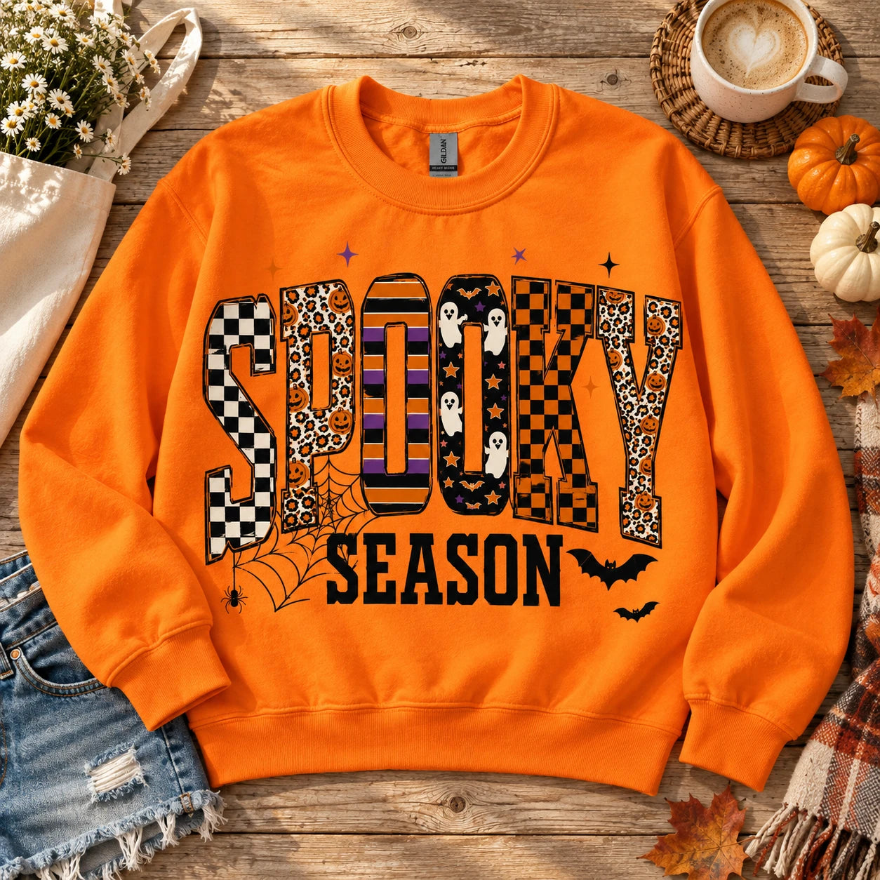 Women's Spooky Season Retro Varsity Graphic Pullover Sweatshirt & T-Shirt, Halloween Fall Checkered Ghost Top