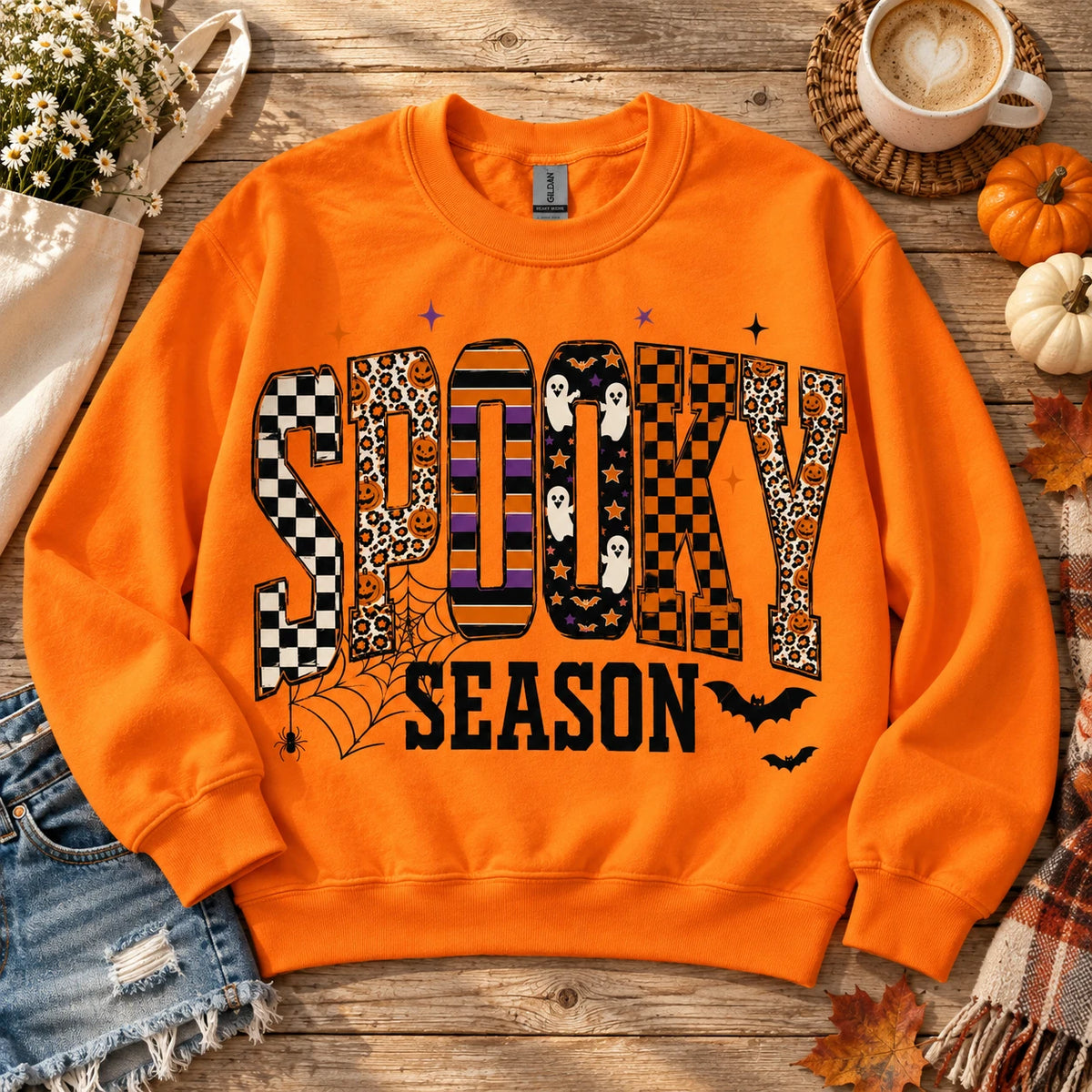 Women's Spooky Season Retro Varsity Graphic Pullover Sweatshirt & T-Shirt, Halloween Fall Checkered Ghost Top