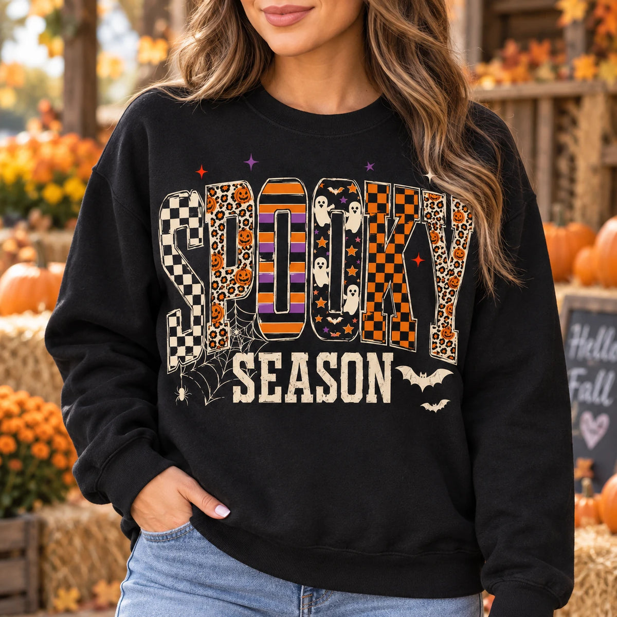 Women's Spooky Season Retro Varsity Graphic Pullover Sweatshirt & T-Shirt, Halloween Fall Checkered Ghost Top