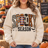 Women's Spooky Season Retro Varsity Graphic Pullover Sweatshirt & T-Shirt, Halloween Fall Checkered Ghost Top